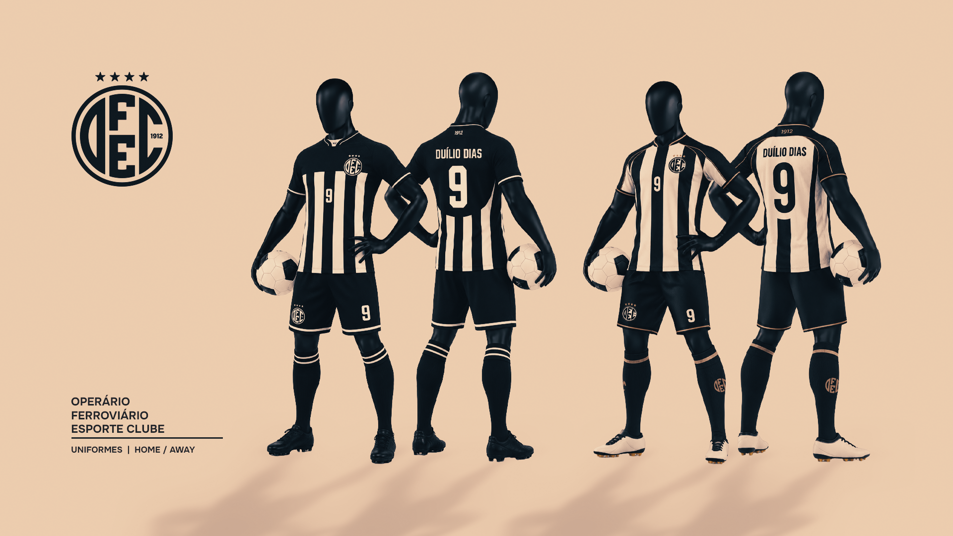 Composição master, uniformes home e away OFEC 2026 lado a lado, com o escudo e a assinatura institucional