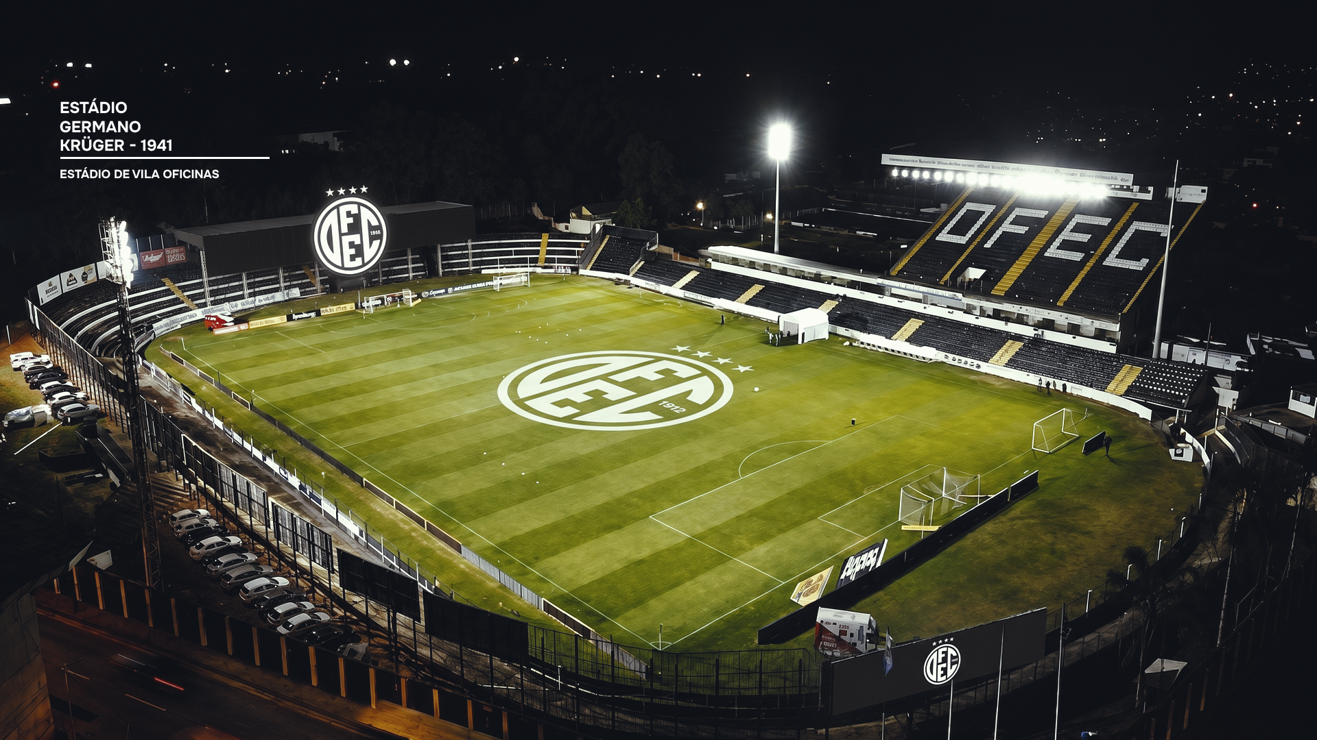 Estádio Germano Krüger, Vila Oficinas, Ponta Grossa, vista aérea noturna com o monograma OFEC aplicado ao gramado, arquibancadas e fachada