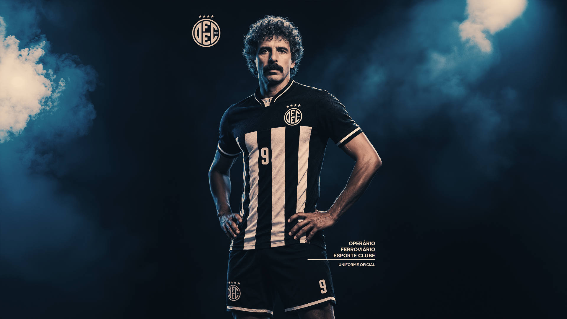 Uniforme oficial OFEC com a camisa nº 9, estudo de retrato em atmosfera noturna e fumaça