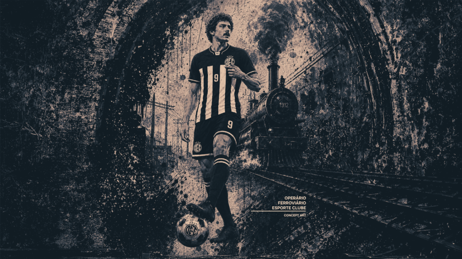 Concept art. O camisa 9 do OFEC em atmosfera de túnel, com a locomotiva 1912 e trilhos ao fundo.