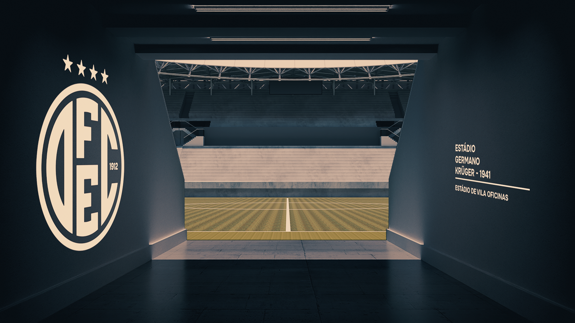 Túnel de acesso ao campo do Estádio Germano Krüger com o monograma OFEC iluminado e quatro estrelas no topo
